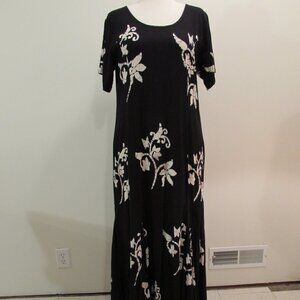 Bali Batiks Black Floral Hand Painted Resort Wear Full Skirt Maxi Dress